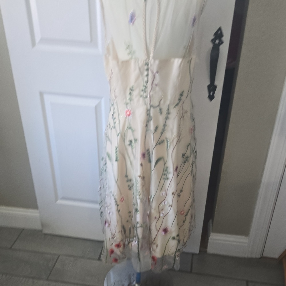 TYY Beige Floral Embroidered Mesh Midi Dress Sleeveless Illusion Neck XXL - Picture 6 of 9